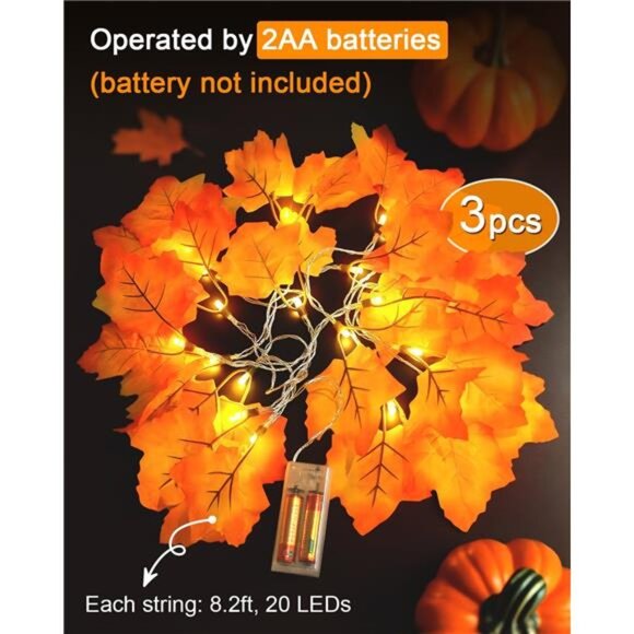 Fall Decor 3-Pack Fall Leaf Garland with Lights, Total 24.6ft 60 LED - Picture 3 of 8
